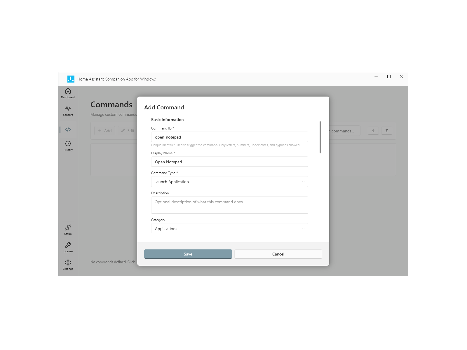 Add command dialog