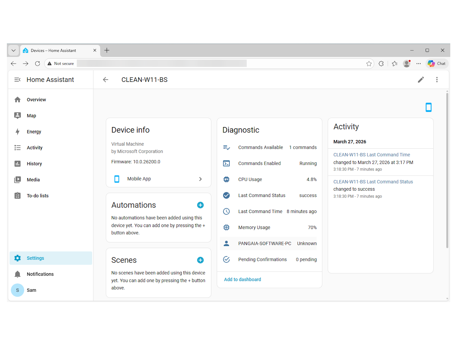 Device info section in the embedded browser
