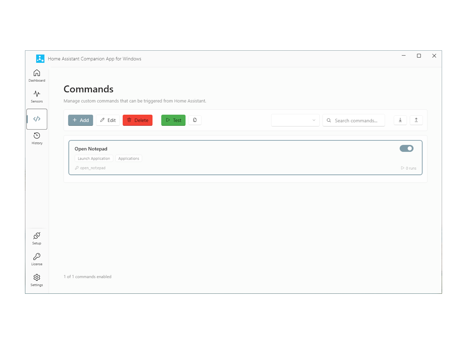 Custom desktop commands page