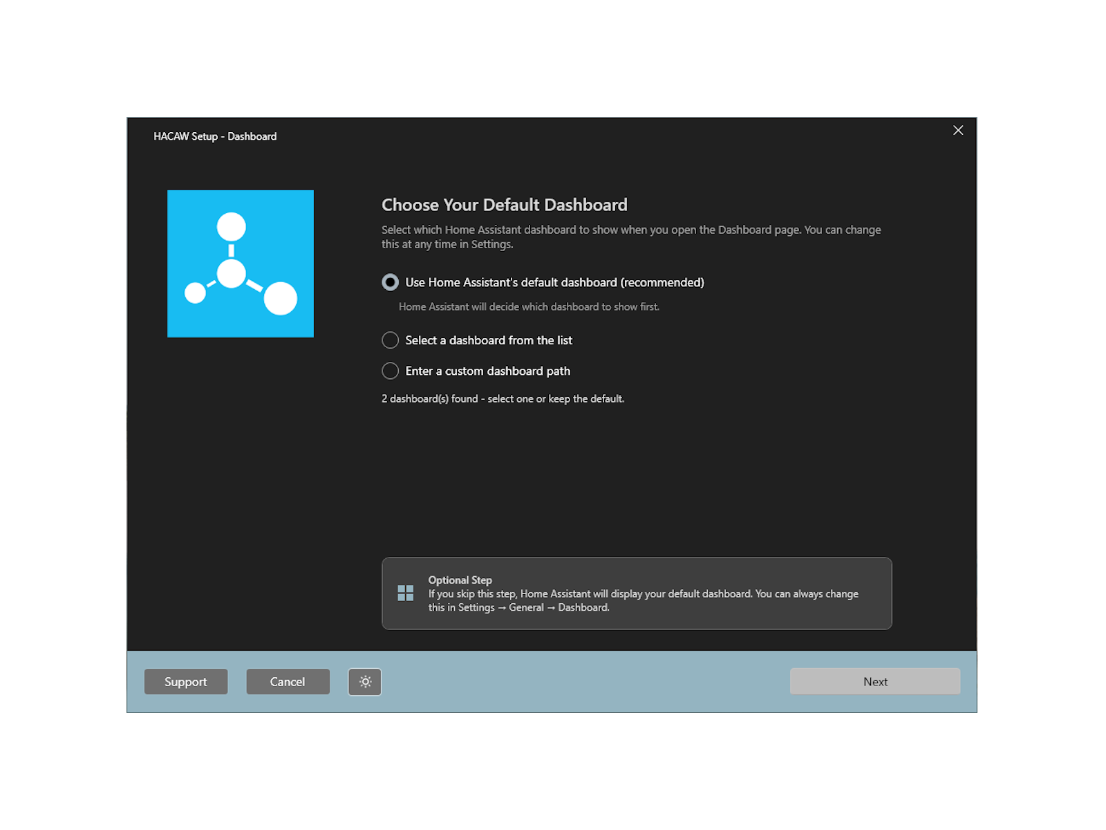 Setup wizard: choose your dashboards - dark theme