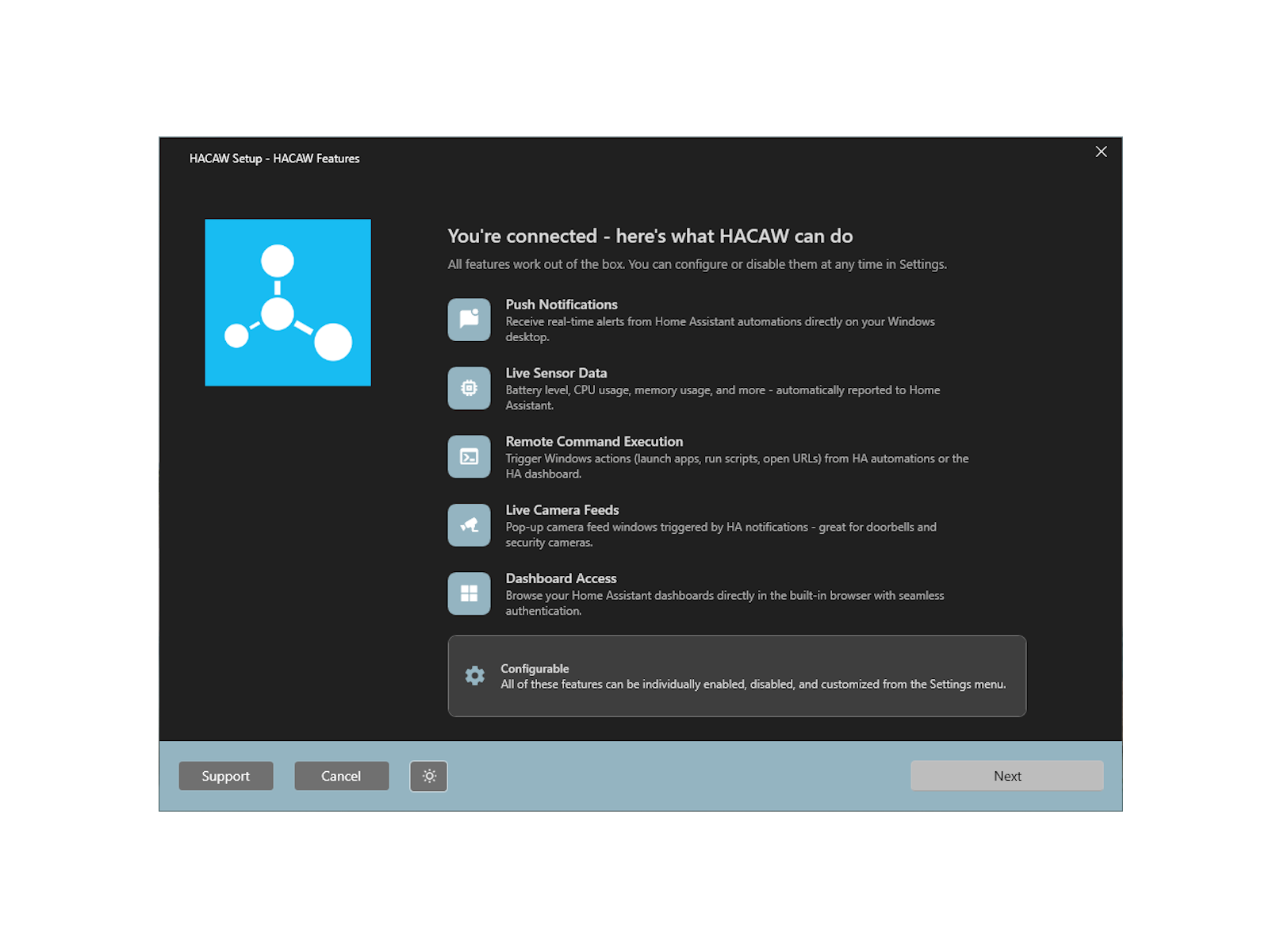 Setup wizard: functionality overview - dark theme