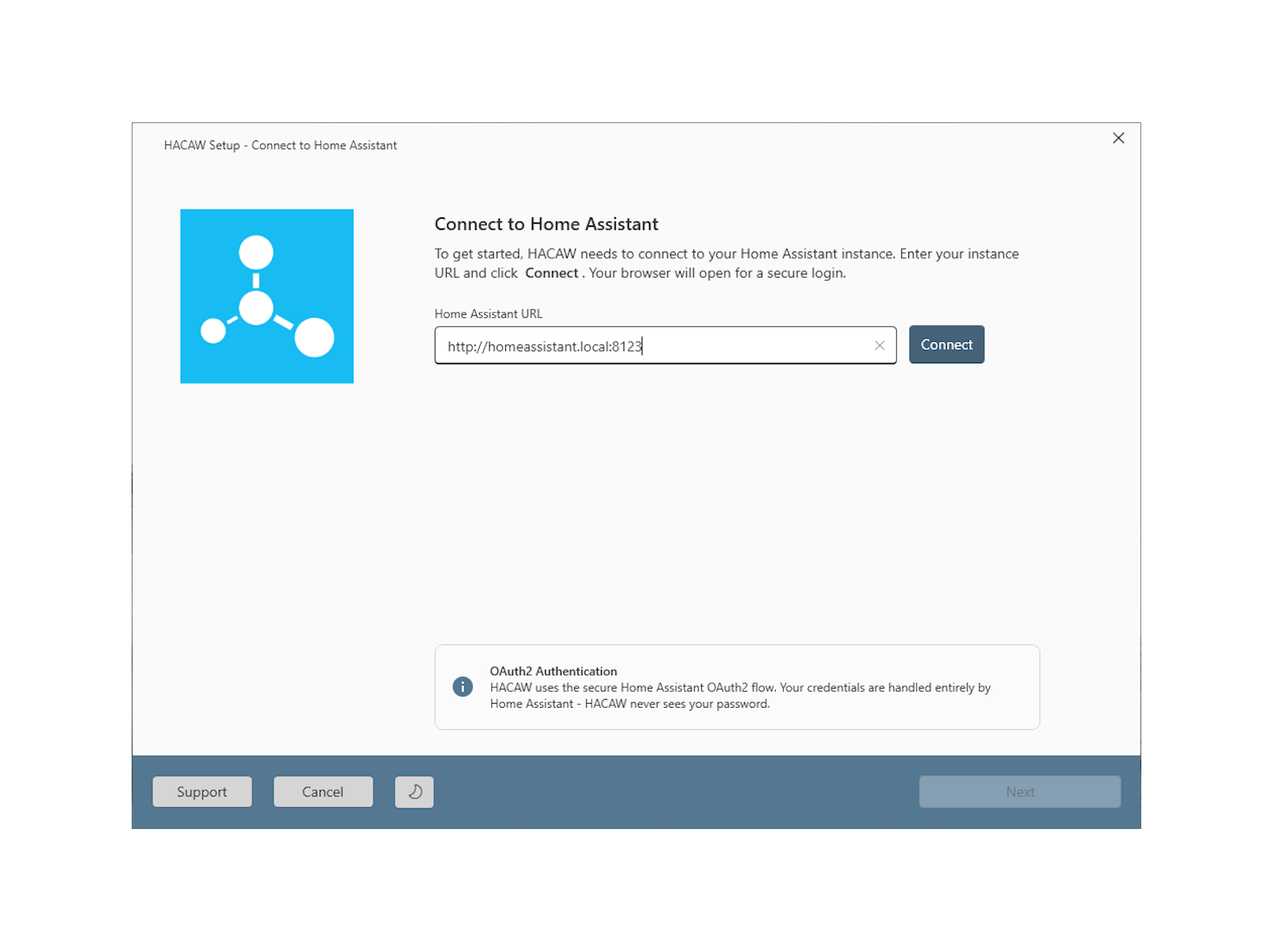 Setup wizard: connect to Home Assistant - light theme
